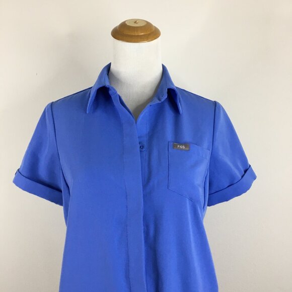 FIGS Blue Zip Pockets Short Sleeve Hidden Logo Button Scrubs Shirt Top - Picture 5 of 12